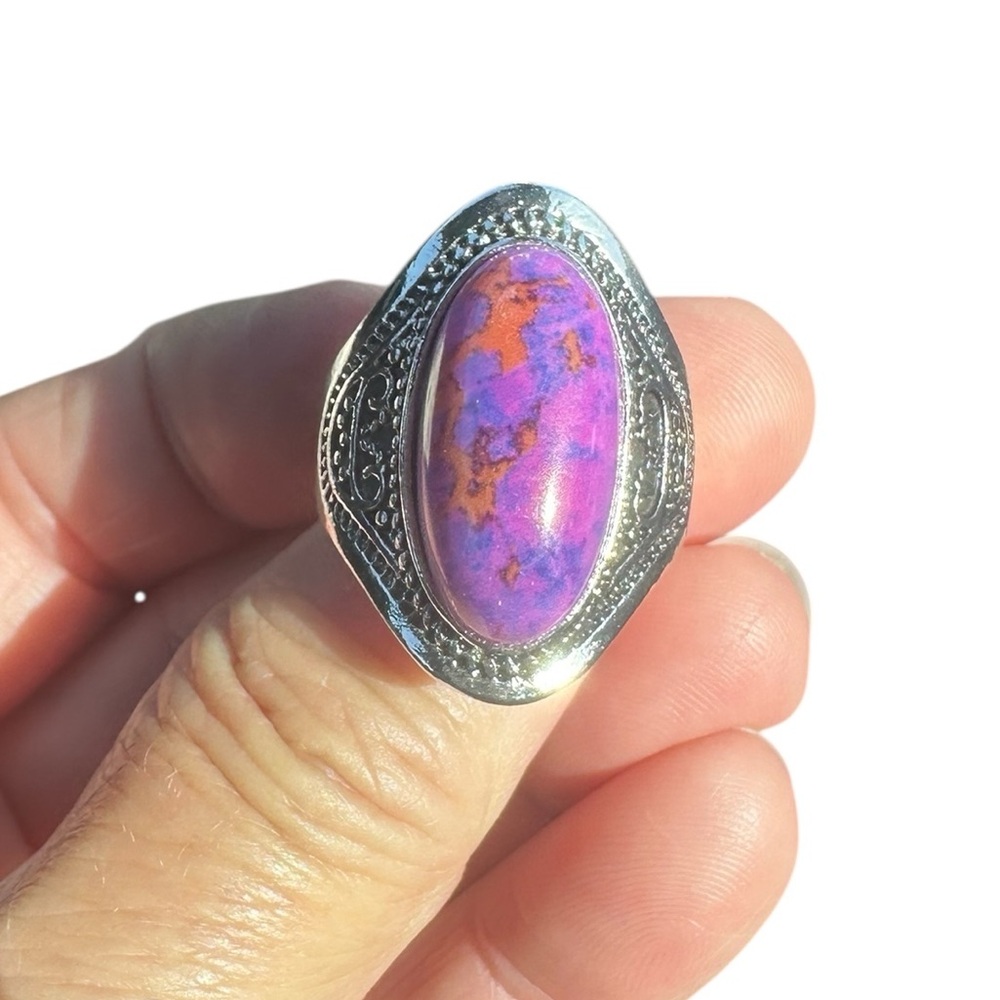 Vintage Inspired Silver Design Ring with Oval Purple Center Stone